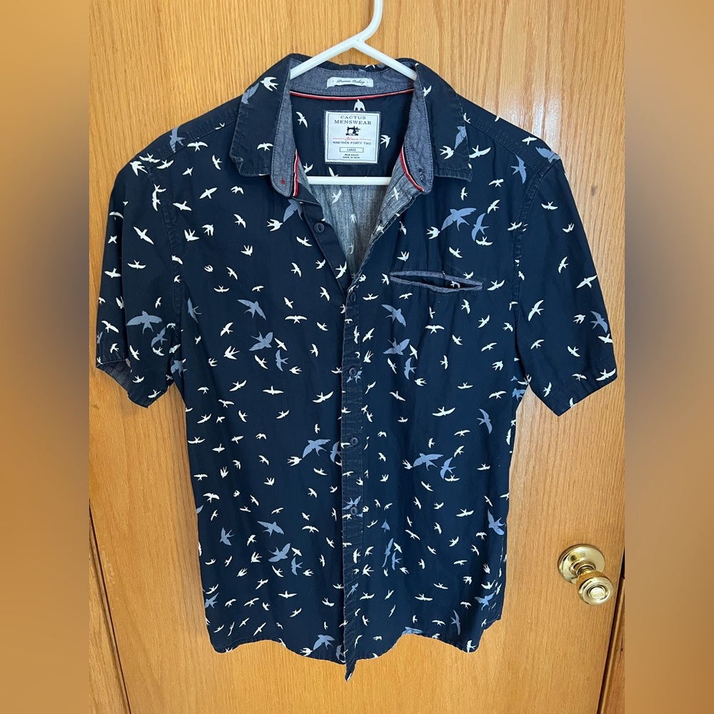Cactus Menswear Blue Bird Print Shirt